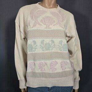 Vintage 80s Pastel Cotton Sweater Size M Pink Striped Shell Print Crew Neck